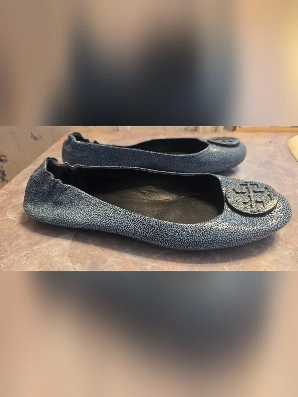 Tory Burch Blue Textured Logo Ballet Flats